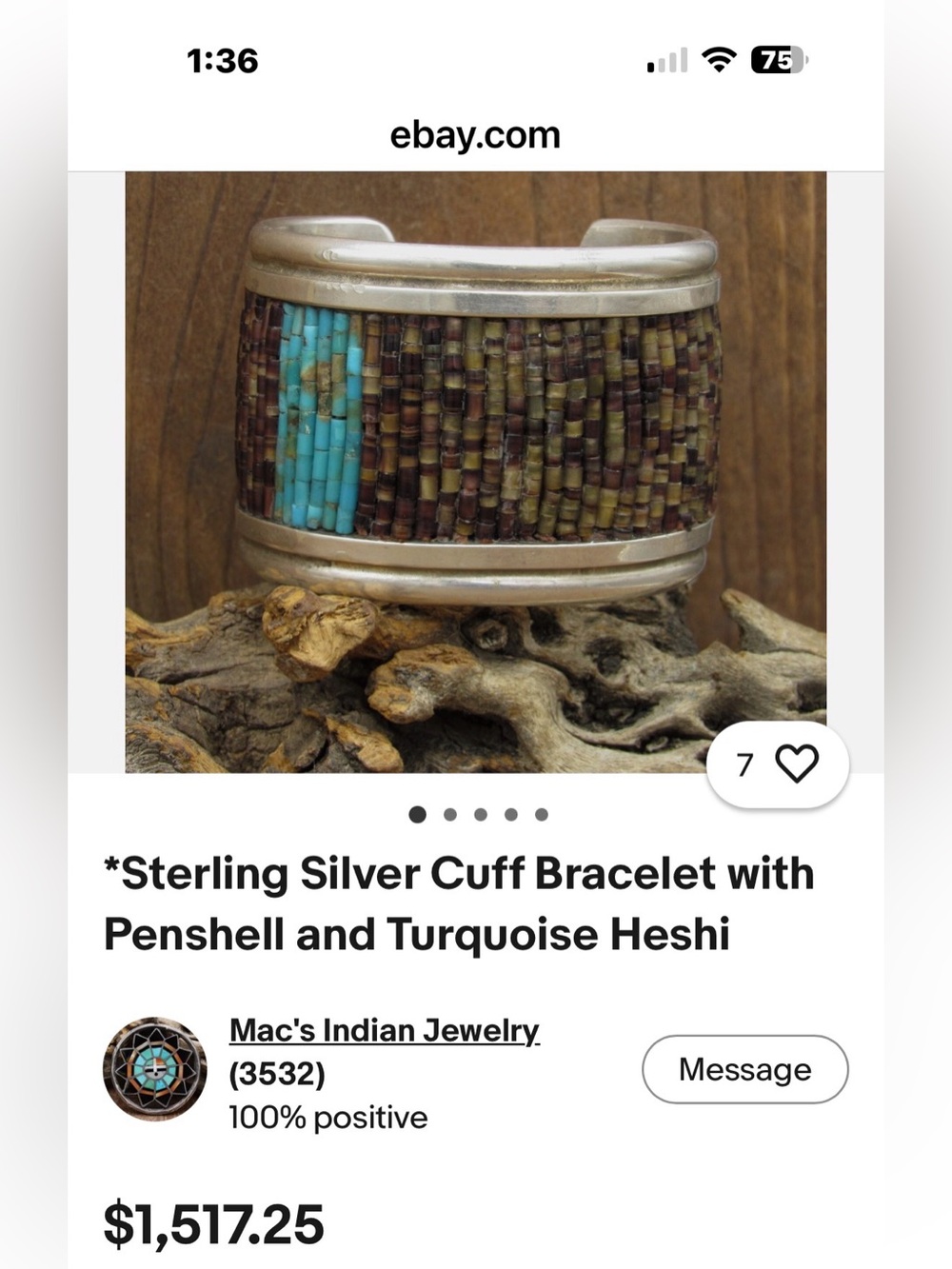 Native American Navajo Sterling Silver Penshell & Turquoise Heshi Cuff Bracelet - Picture 13 of 16